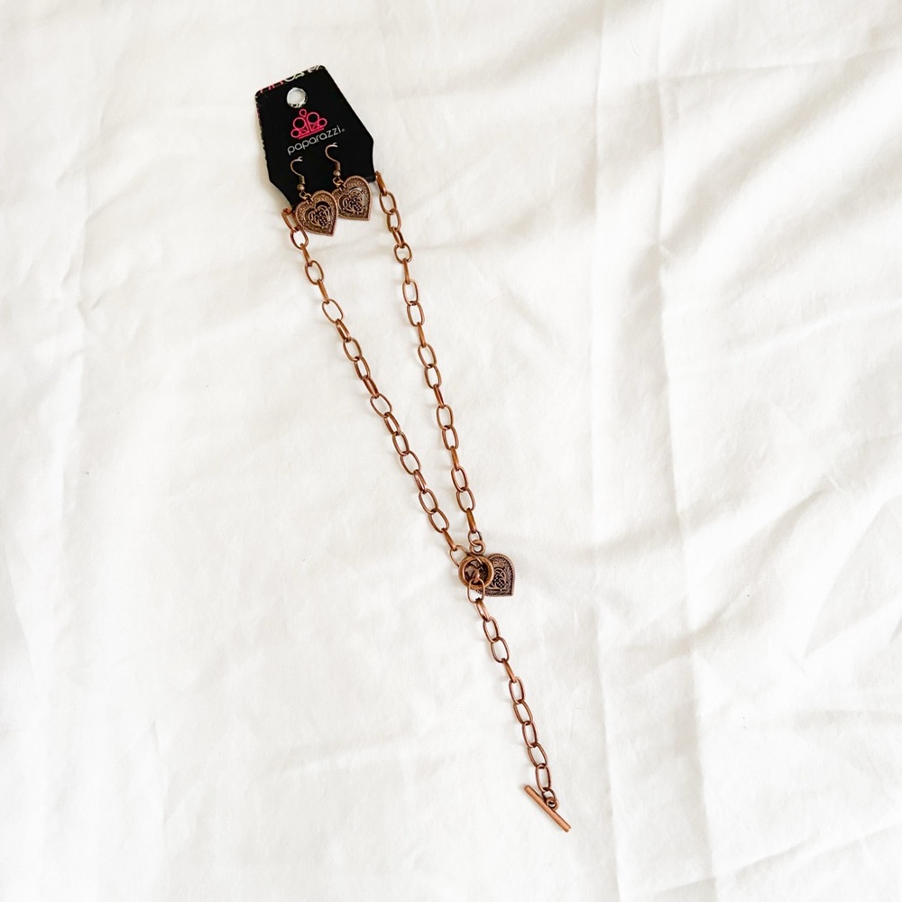 Paparazzi Brown Heart Earrings & Necklace - Picture 4 of 7